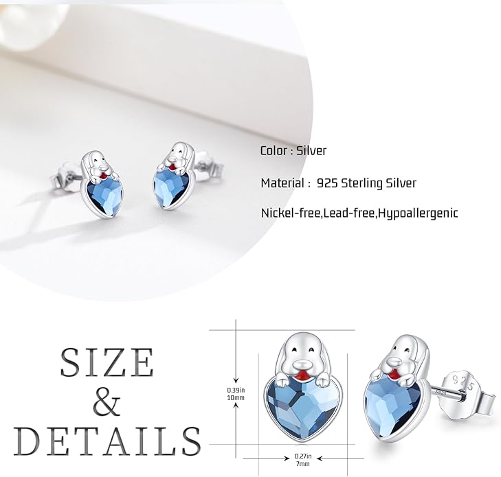 Stud Earrings 925 Sterling Silver Heart Zirconia - Dog