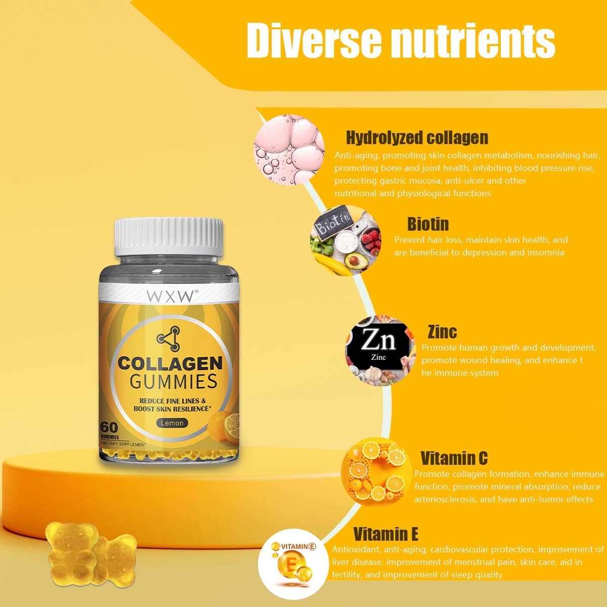Collagen Peptides Gummies Non-GMO Anti-Aging Formula, Lemon- 60 pcs