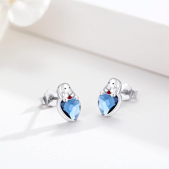 Stud Earrings 925 Sterling Silver Heart Zirconia - Dog