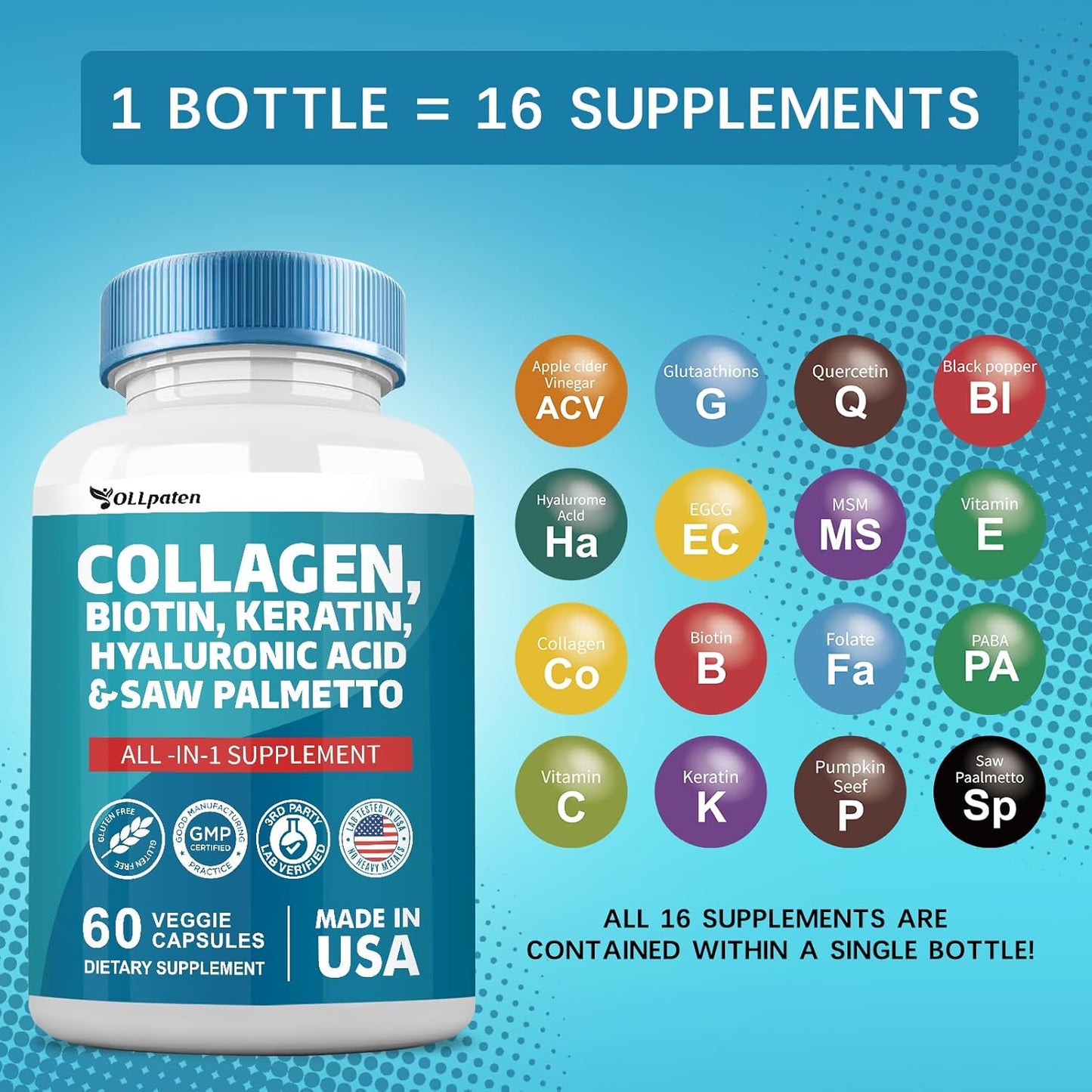 Collagen Pills 1000mg Biotin 10000mcg Keratin Saw Palmetto 2500mg Hyaluronic Acid