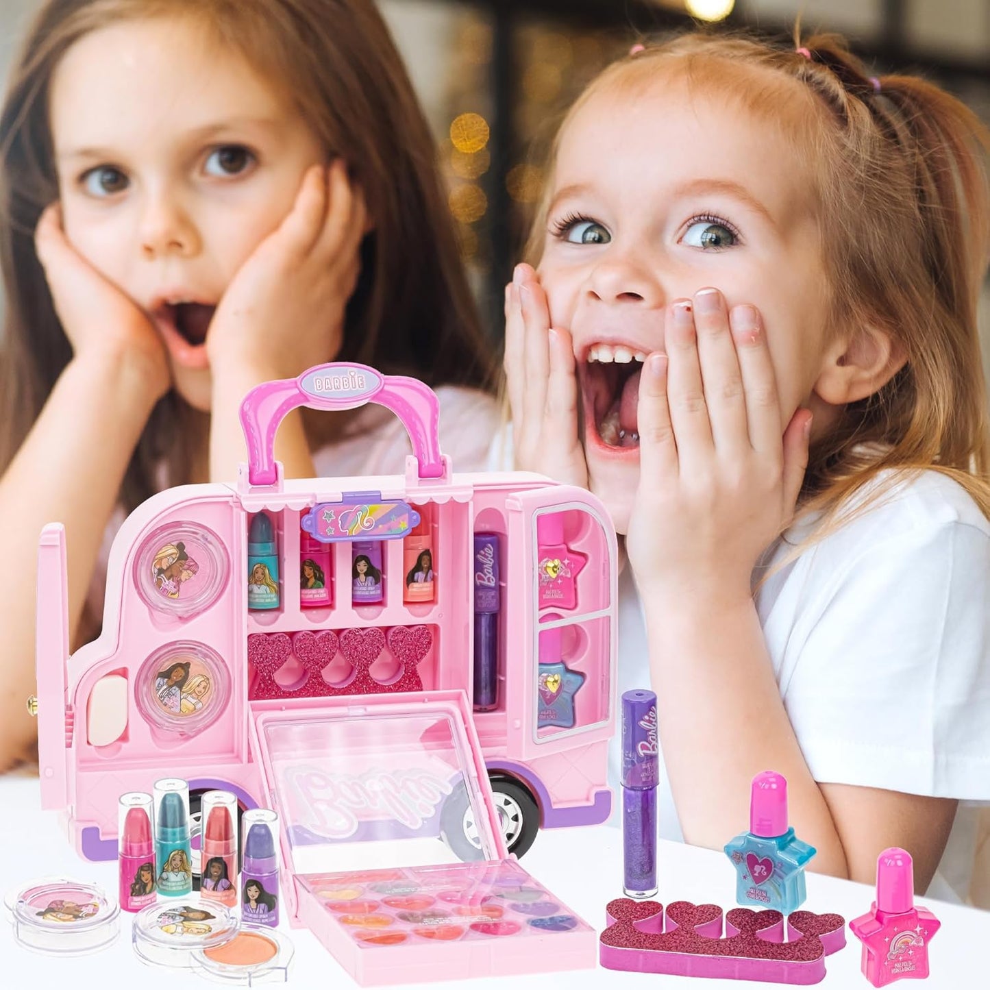 Barbie Car Makeup Kit for Girls, Real Washable Toy Makeup Set