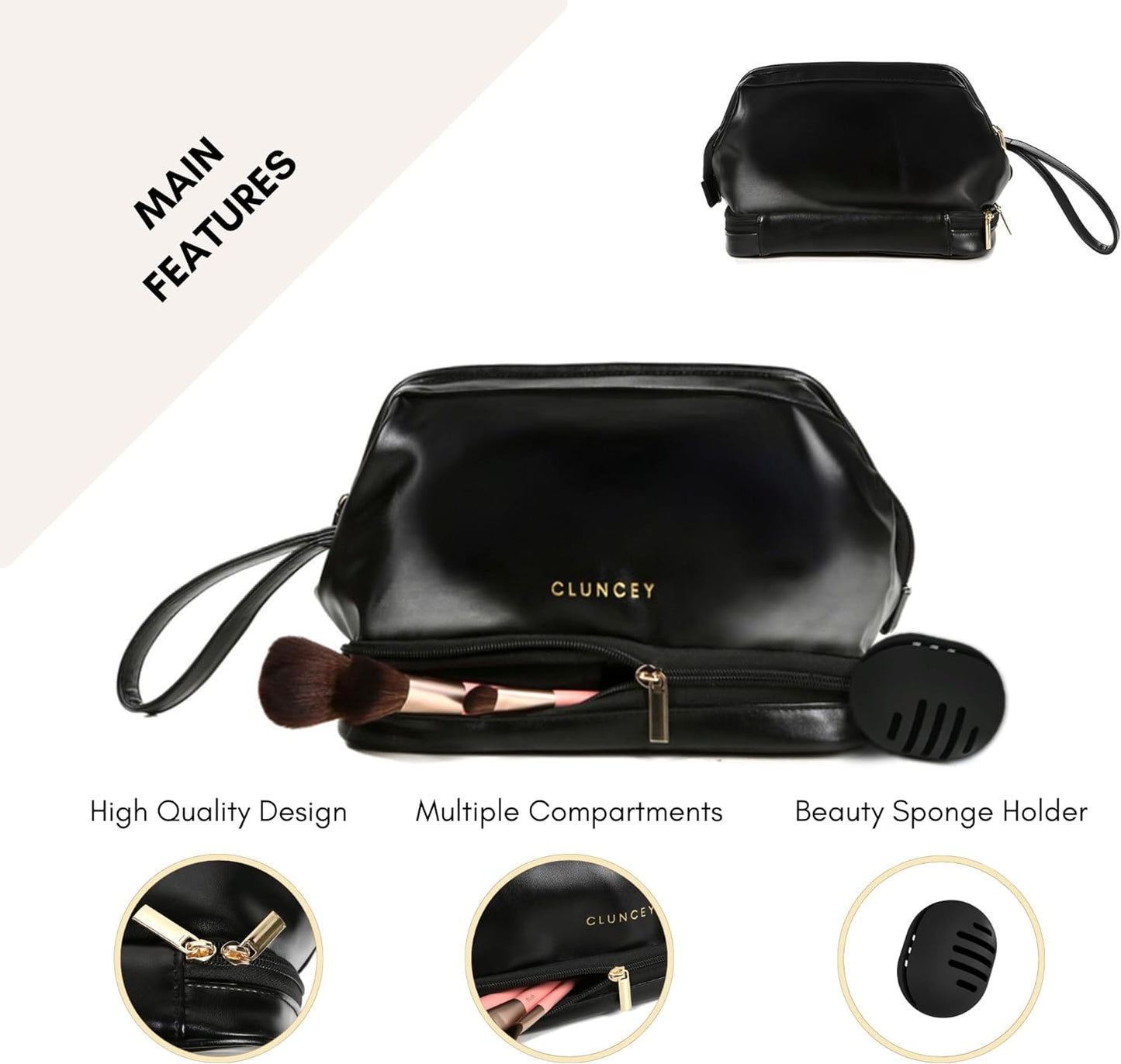 Makeup Brush Bag Double Layer Leather (BLACK)