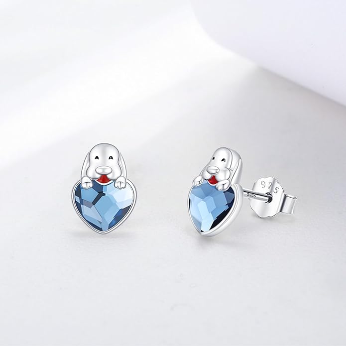 Stud Earrings 925 Sterling Silver Heart Zirconia - Dog