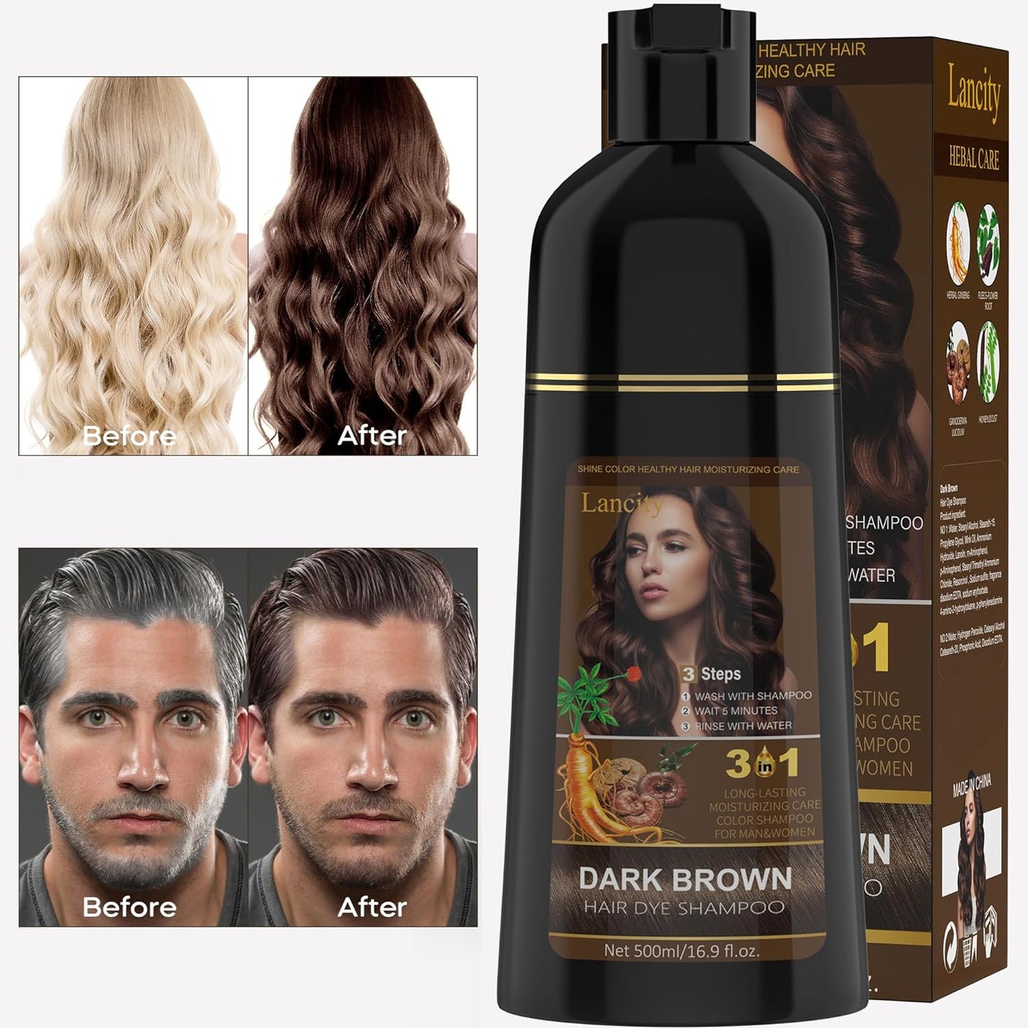 Hair Dye Shampoo for Women or Men 3-In-1 Hair Color Shampoo