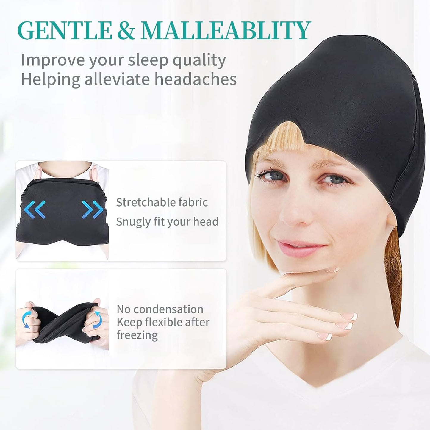 Migraine Headache Relief Cap, Hot or Cold Head Wrap with 360° Form Fitting Design