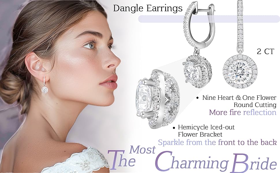 Cubic Zirconia Set Silver White Gold Plated Pendant, Necklace and Iced Out Flower Dangle Earrings