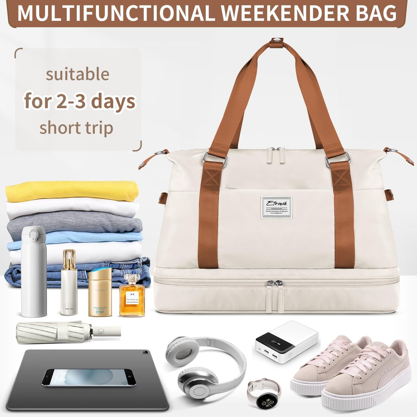 Weekender Bags for Women, Gym Bag with Shoes Compartment & Wet Pocket.