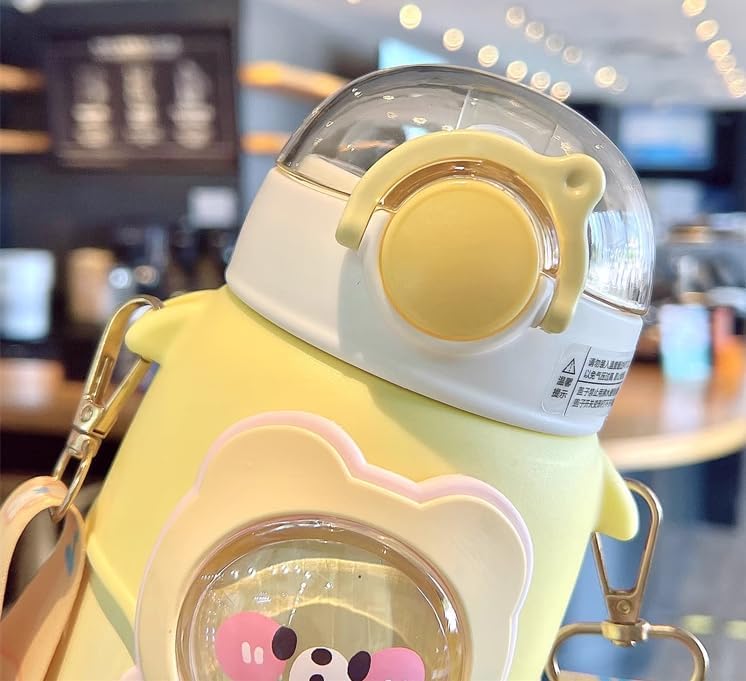 Kawaii Insulated Water Bottle with Straw 20oz Cute Stainless Steel - Yellow