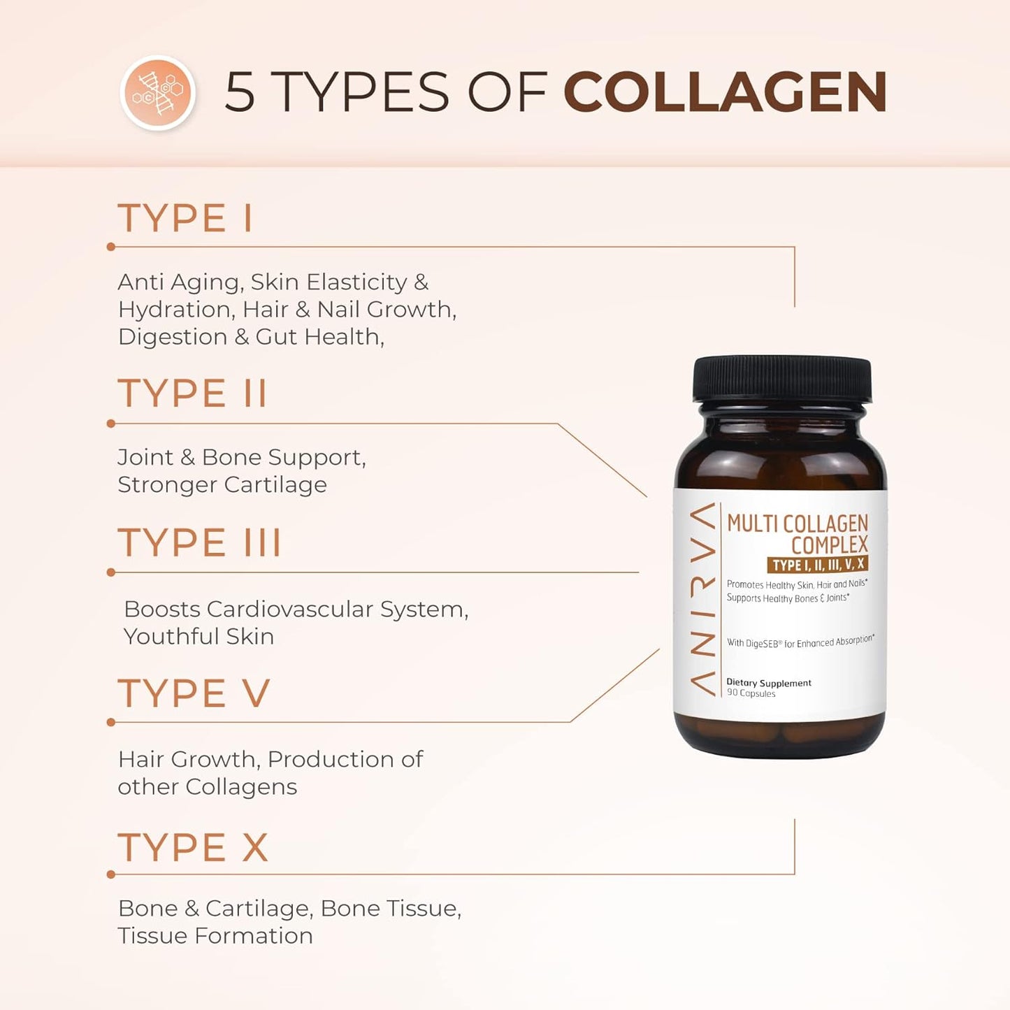 Multi Collagen Complex - Type I, II, III, V, X - Collagen Supplement for Anti-Aging, Healthy Joints, Hair, Skin and Nails