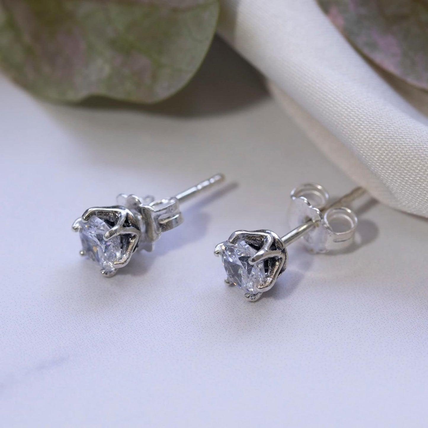 Sterling Silver Stud Earrings with White 925 CZ Gemstone