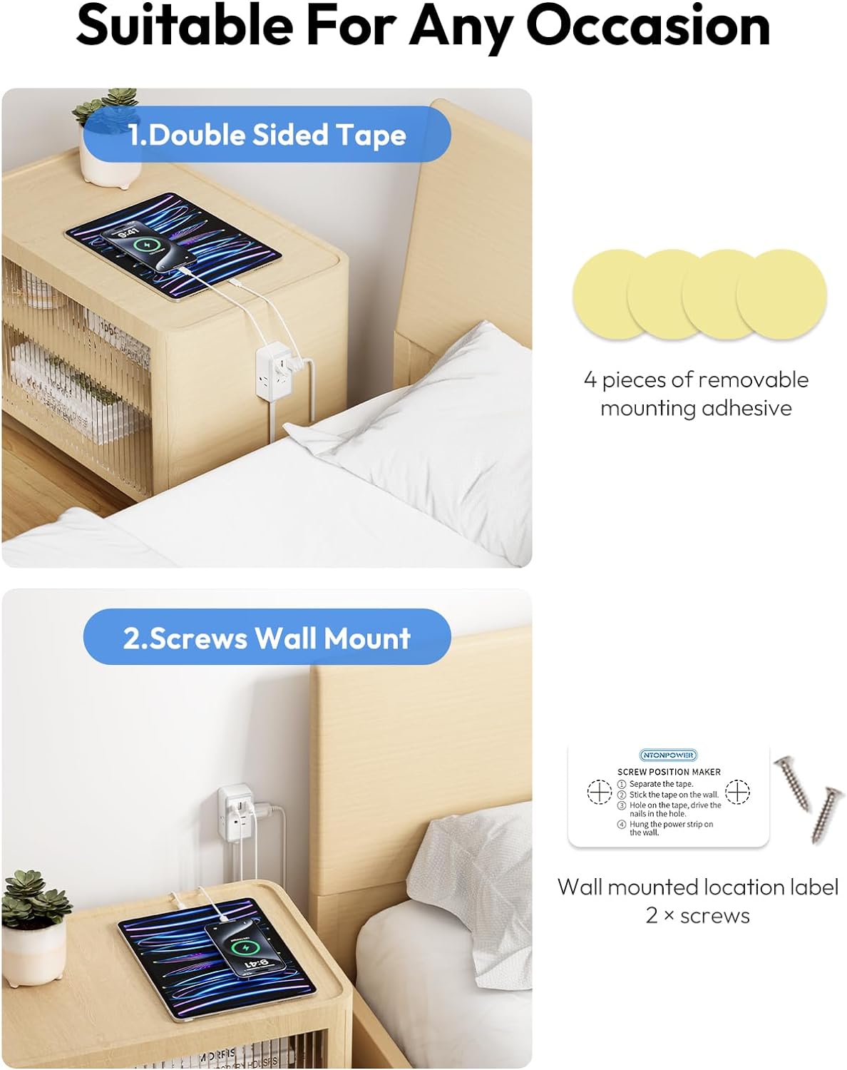 Flat Plug Power Strip with 3 USB(1 USB-C)