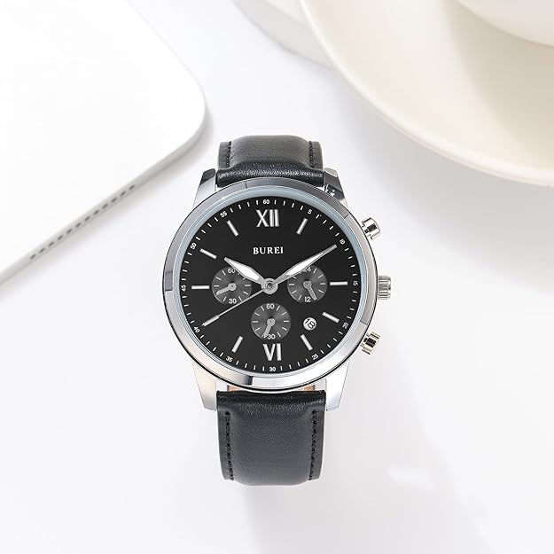 BUREI Fashion Men's Watch, Analogue Leather Strap Quartz Waterproof