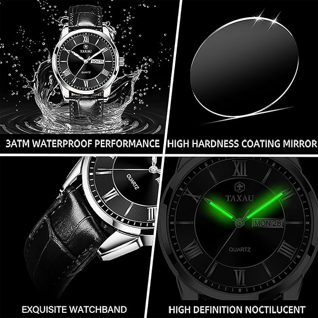 TAXAU Men's Watch Leather Luxury Dress Analog Quartz, 41mm- Black
