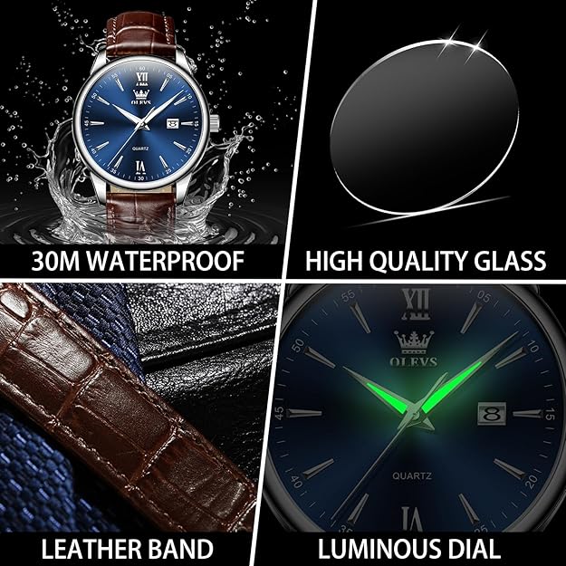 OLEVS Men Leather Watch, Elegant Big Face 41mm - Brown / Blue