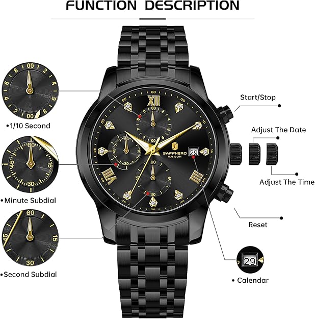 Watch Stainless Steel, 50M Waterproof, Quartz - BLACK