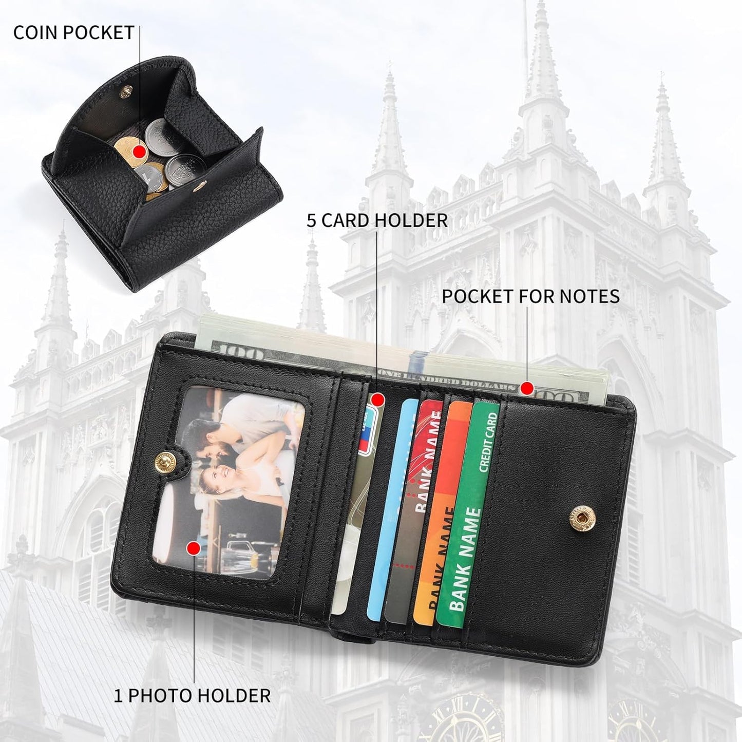 Wallet leather, with RFID Blocking, Bifold & Coin Pocket - Smoke Black