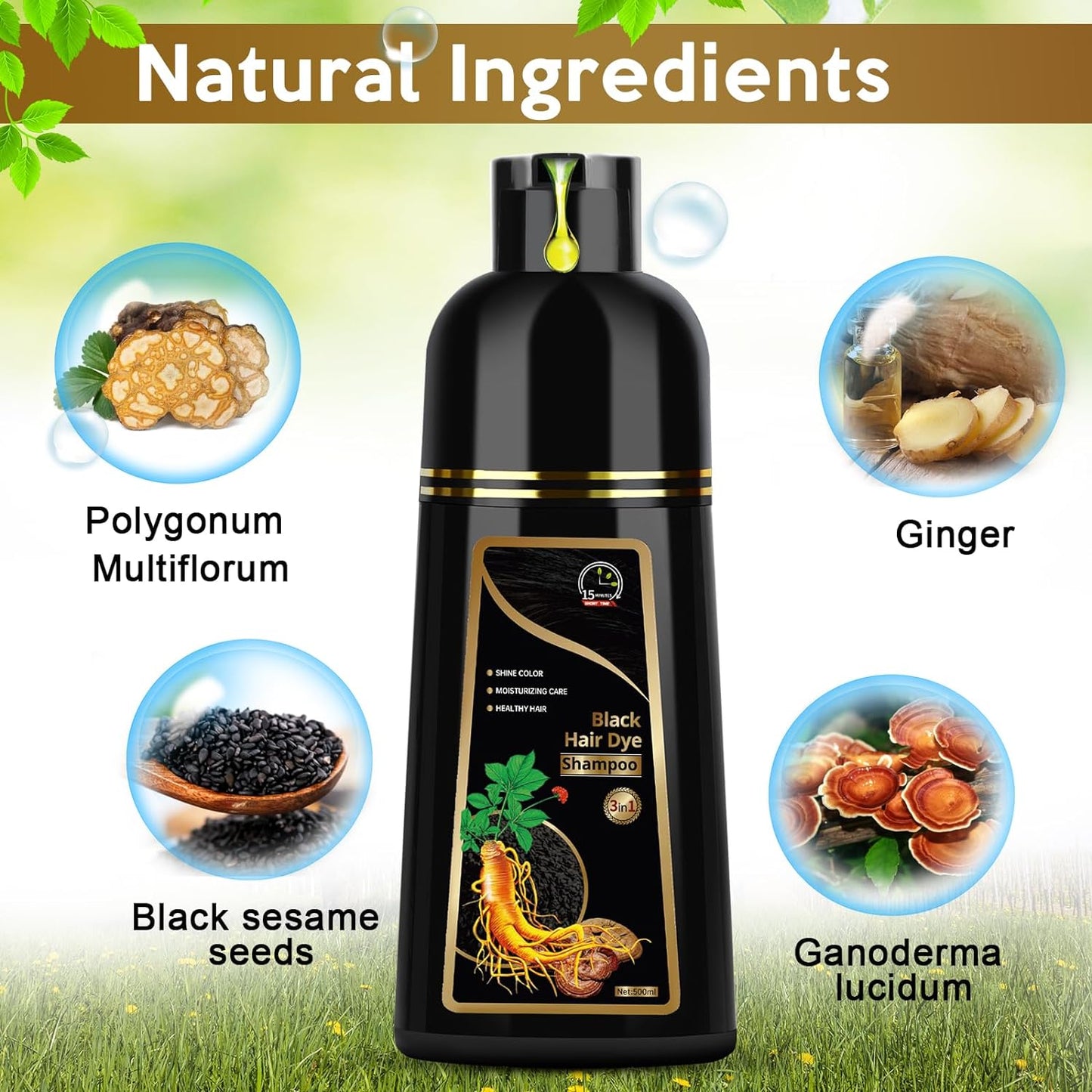 Black Hair Dye Shampoo 3 in 1, Herbal Color Shampoo - 500 ml