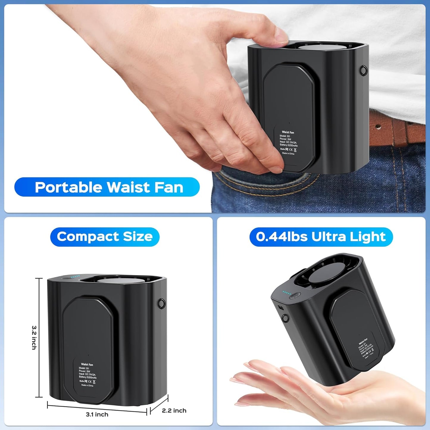 Portable Waist Clip Fan, Up to 20Hrs Mini Personal Rechargeable