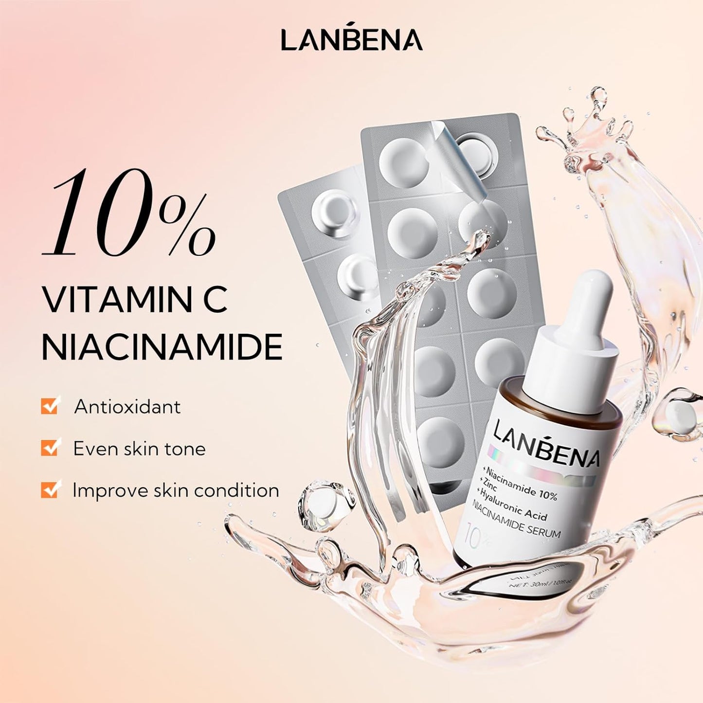 LANBENA Vitamin C Face Serum, 10% Vitamin C Freeze Dried Powder + 10% Niacinamide Serum