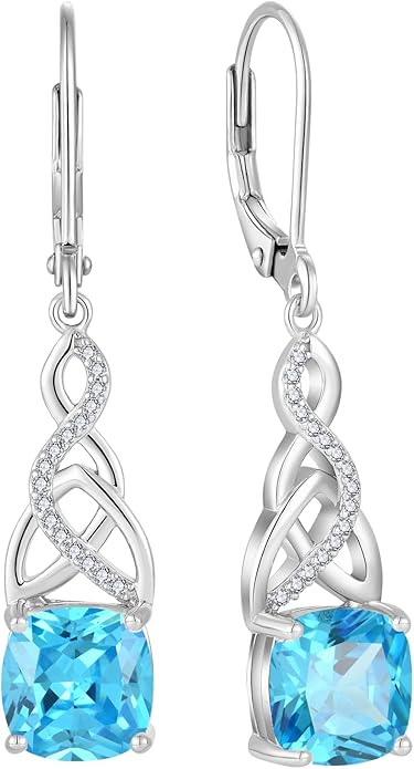 Earrings 925 Sterling Silver, Infinity Celtic Knot Dangle Drop- Birthstone March Aquamarine