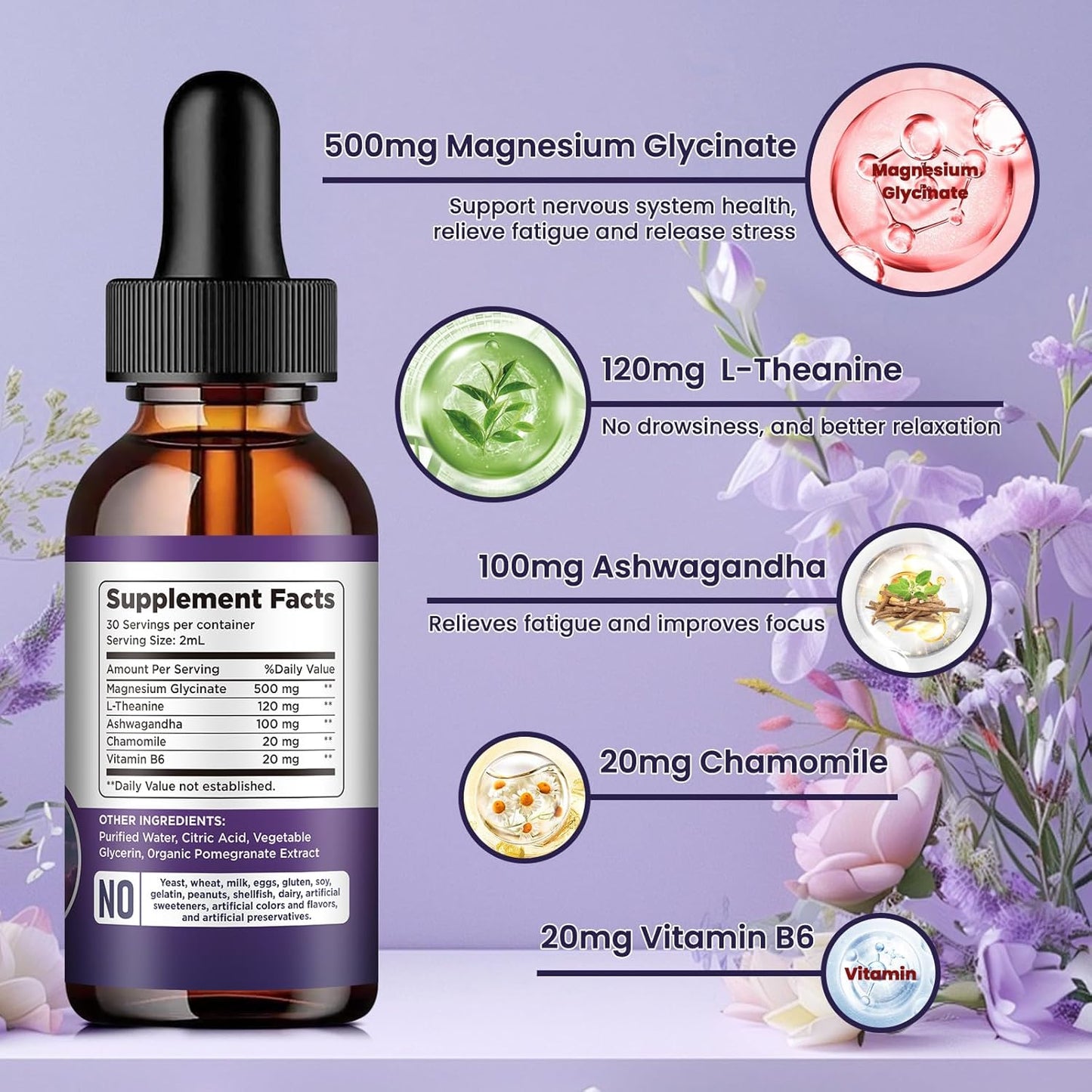 Magnesium Glycinate Liquid Drops 500mg, with Vitamin B6, Ashwagandha and more