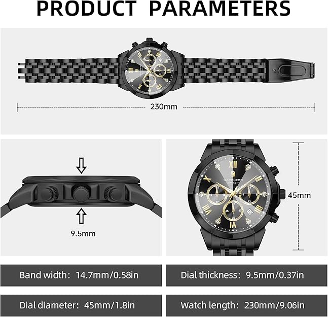 SAPPHERO Men's Watch Chronograph Diamond  Stainless Steel - BLACK