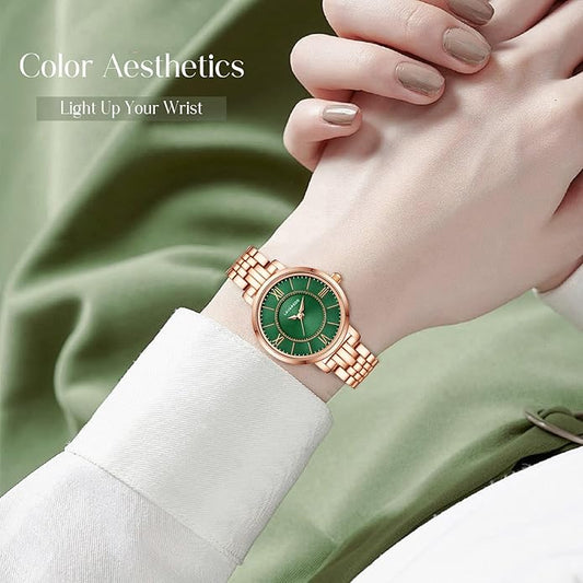 Watch Gold/Silver Stainless Steel Band Waterproof Quartz, 35mm - ROSE/GREEN