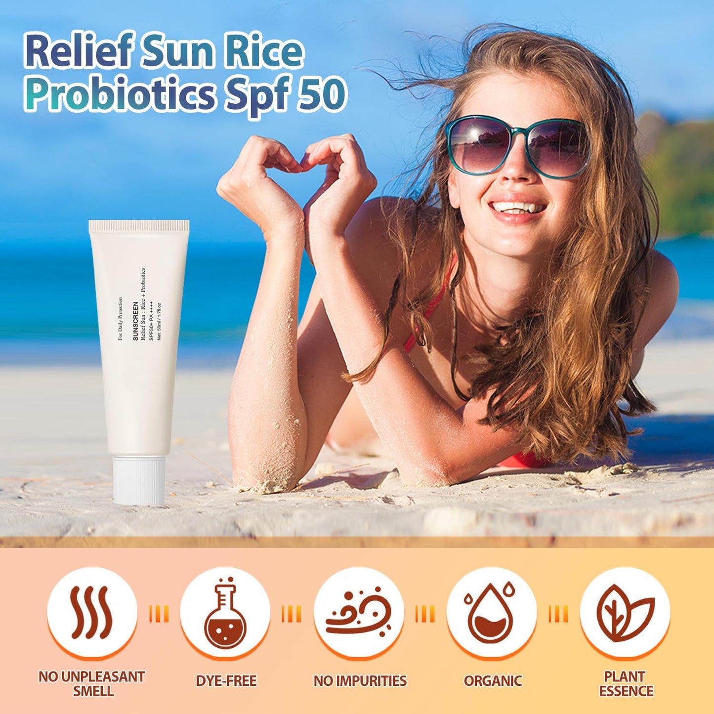 Relief Sun Rice + Relief Sun Organic Sunscreen SPF50, Probiotics SPF50+