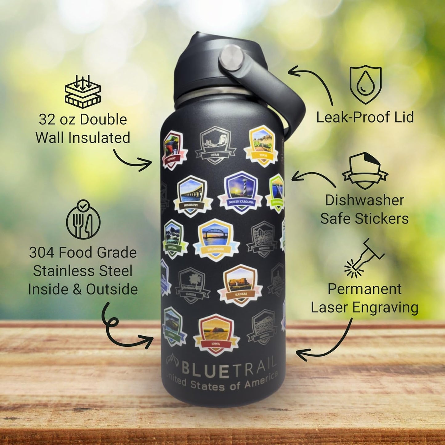 Water Bottle with Stickers - 32 oz - Tropical Wave Color