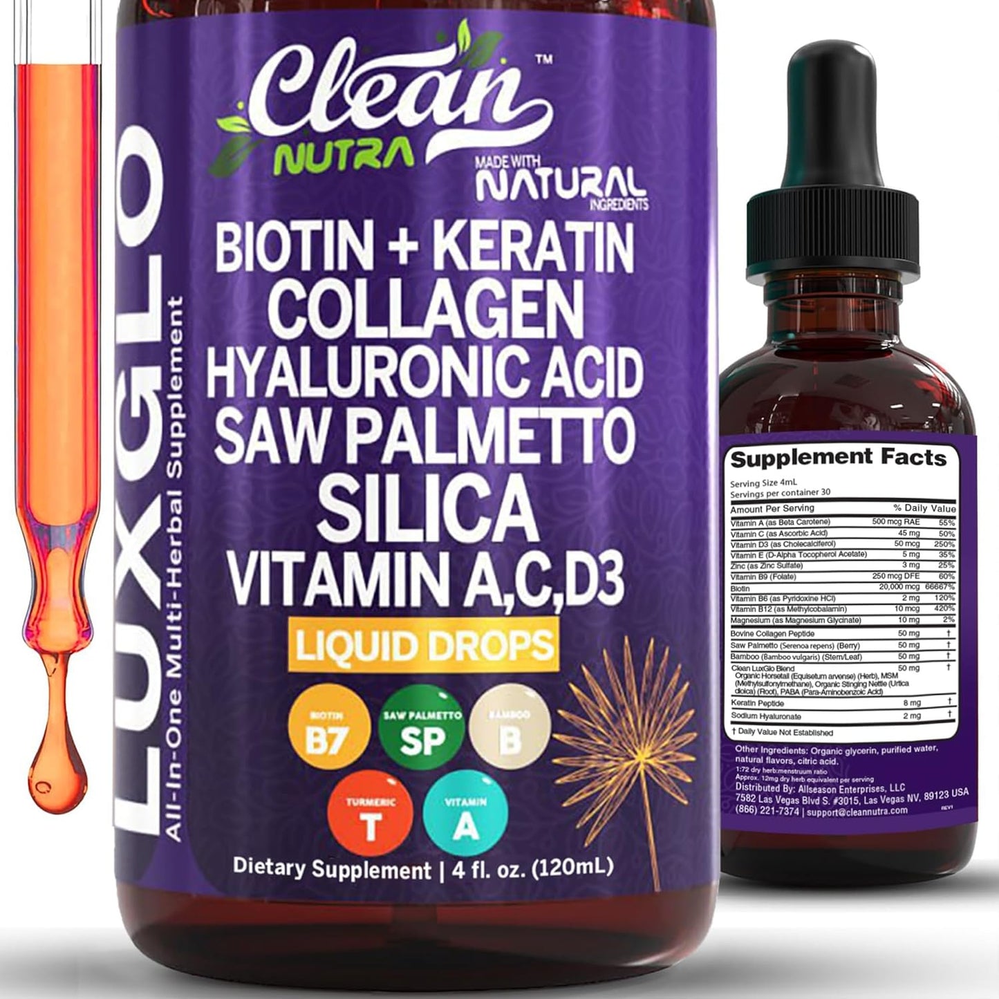 Biotin Liquid Drops Collagen Keratin Hyaluronic Acid Saw Palmetto for Hair Skin and Nails