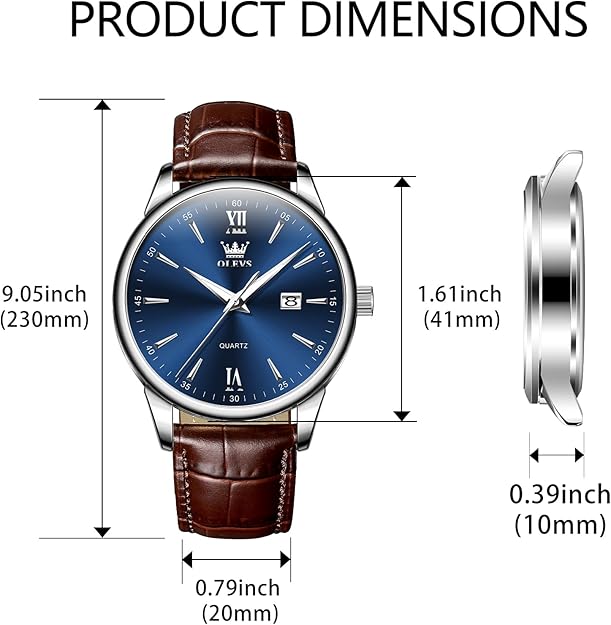 OLEVS Men Leather Watch, Elegant Big Face 41mm - Brown / Blue