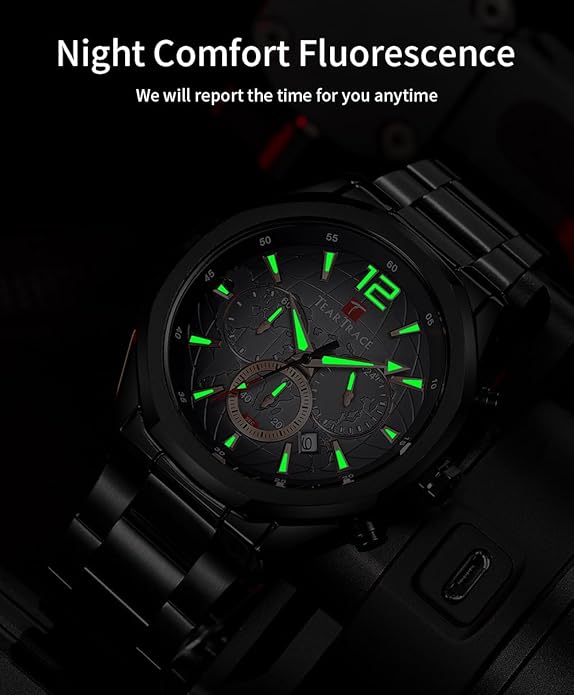 Watch for Men Stainless Steel Strap Waterproof Luminous Chronograph 46mm - BLACK