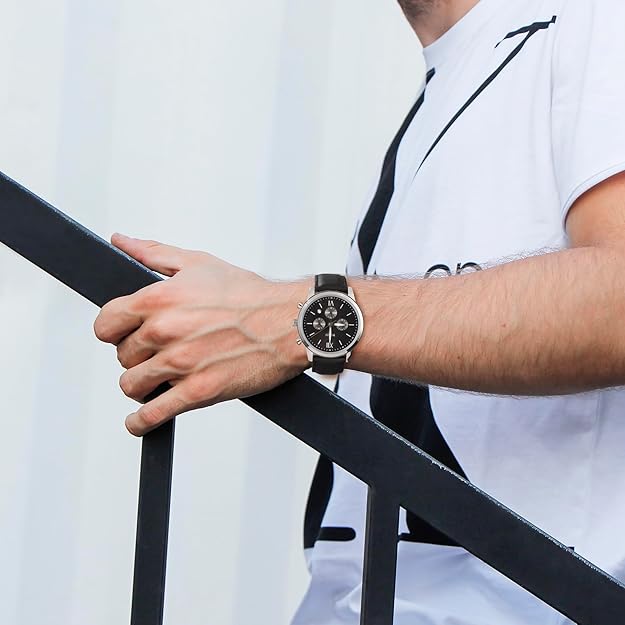 BUREI Fashion Men's Watch, Analogue Leather Strap Quartz Waterproof