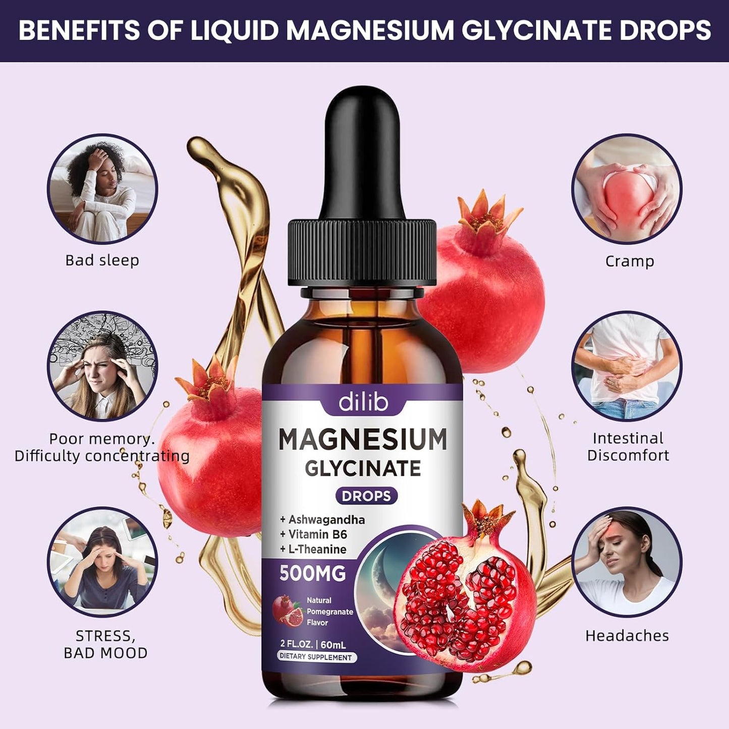 Magnesium Glycinate Liquid Drops 500mg, with Vitamin B6, Ashwagandha and more