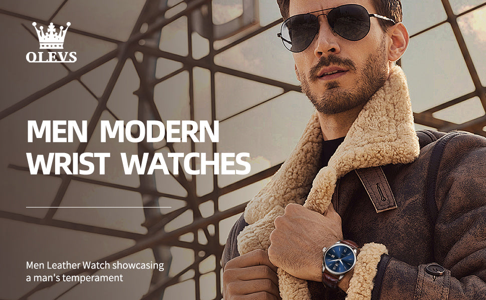 OLEVS Men Leather Watch, Elegant Big Face 41mm - Brown / Blue