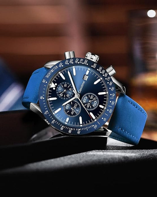Watch Men Leather Band Chronograph 45mm,  30M Waterproof Quartz - BLUE