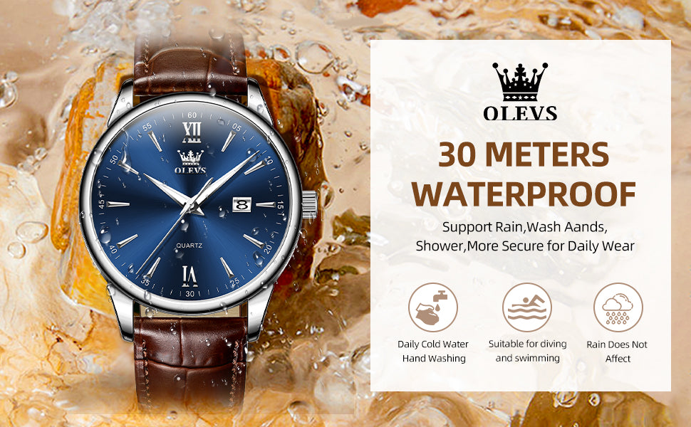 OLEVS Men Leather Watch, Elegant Big Face 41mm - Brown / Blue