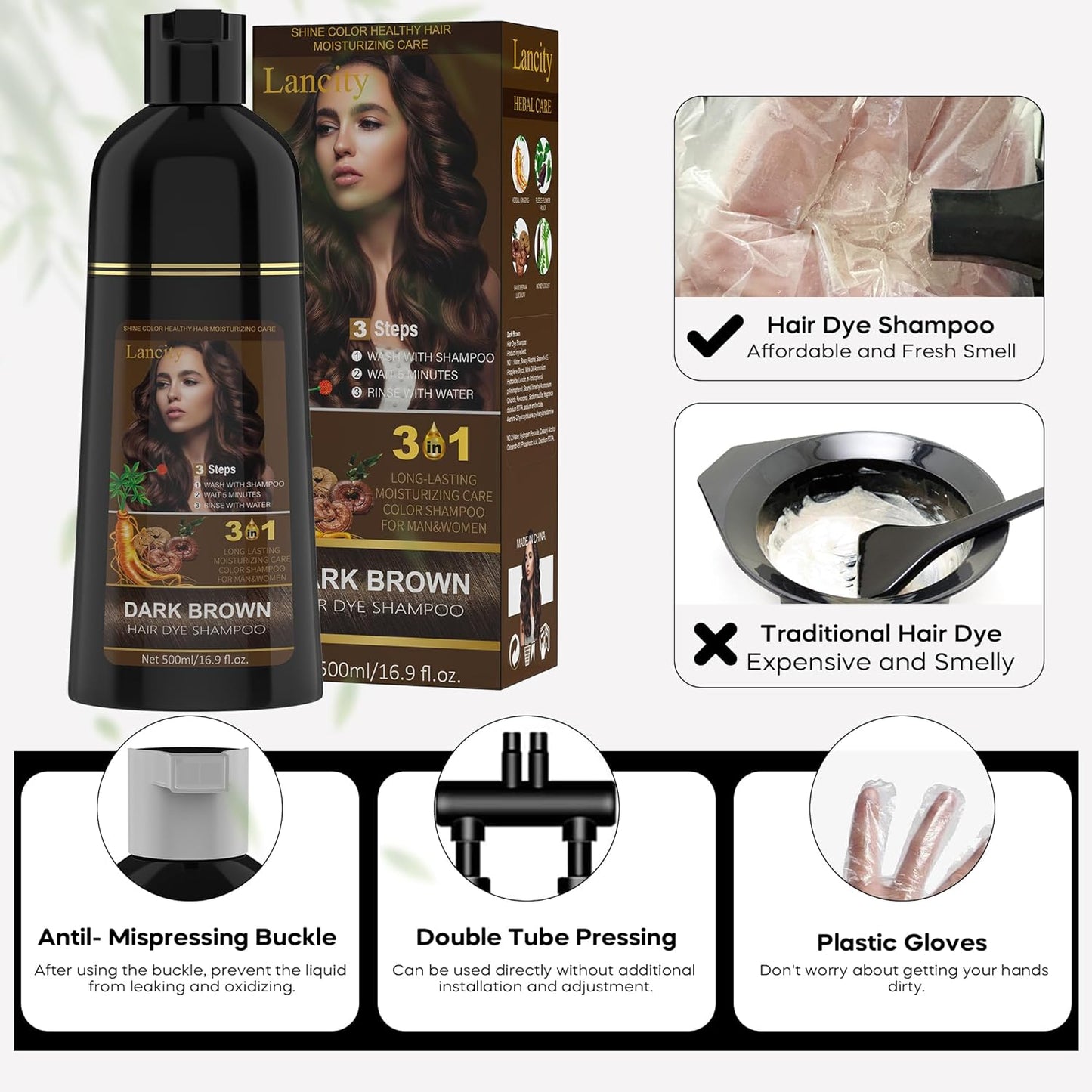 Hair Dye Shampoo for Women or Men 3-In-1 Hair Color Shampoo