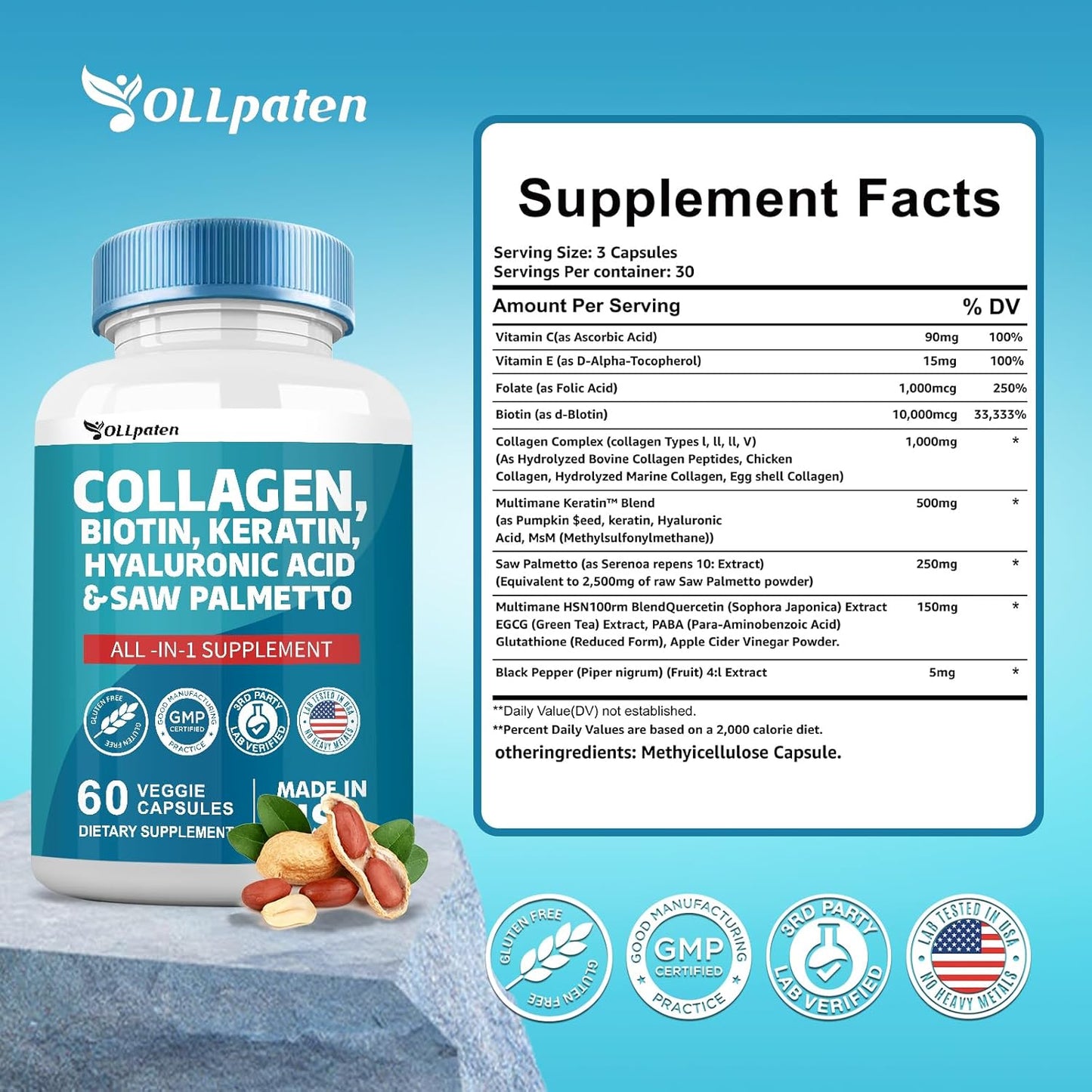 Collagen Pills 1000mg Biotin 10000mcg Keratin Saw Palmetto 2500mg Hyaluronic Acid