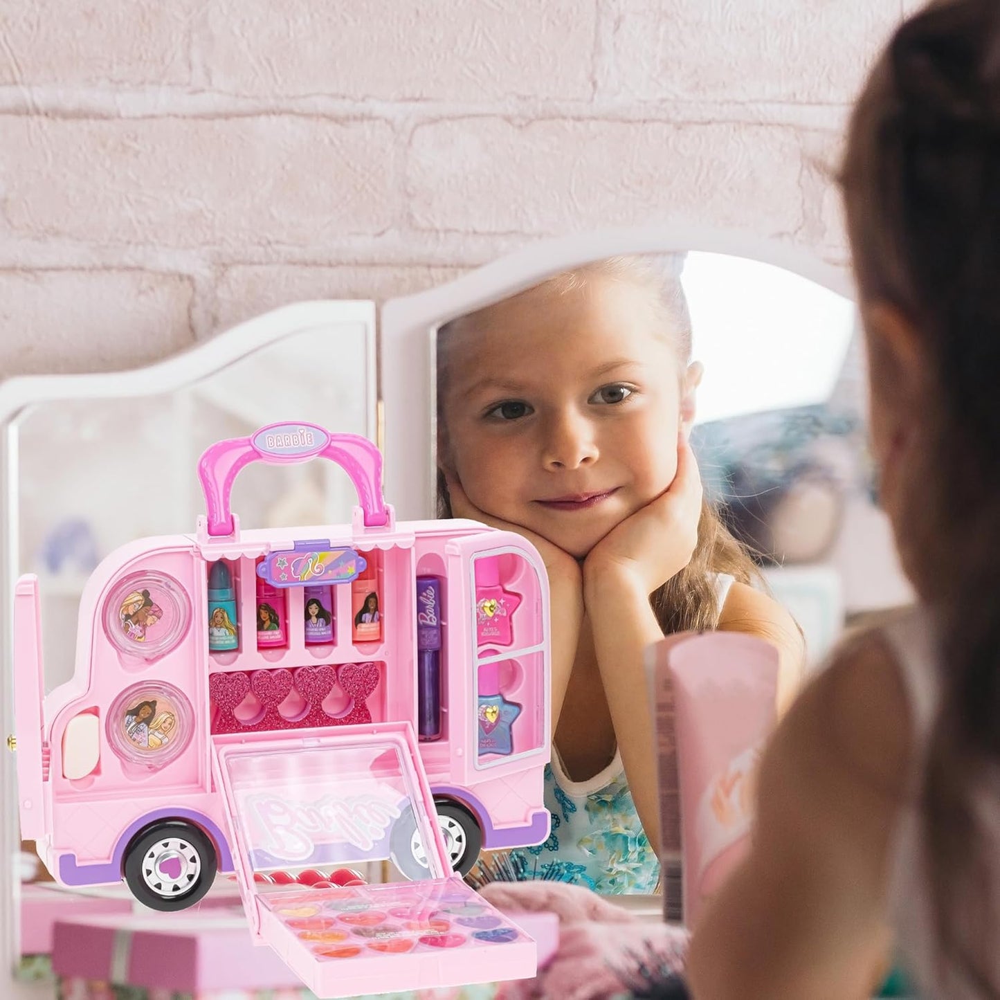 Barbie Car Makeup Kit for Girls, Real Washable Toy Makeup Set