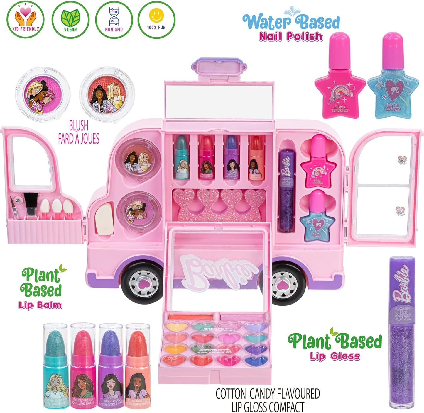 Barbie Car Makeup Kit for Girls, Real Washable Toy Makeup Set