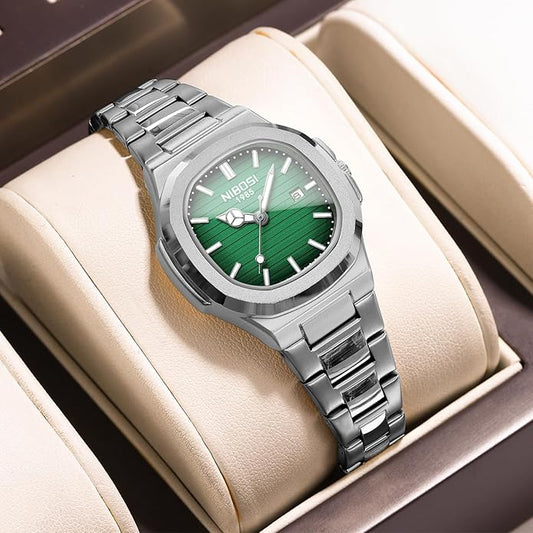 Watch Women Square Dial , Stainless Steel Waterproof Quartz, 30mm - SILVER/GREEN