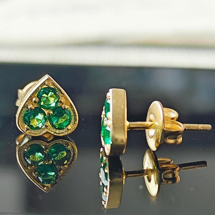 18K Gold Plated 3-Stone Zirconia Halo Stud Earrings - GREEN