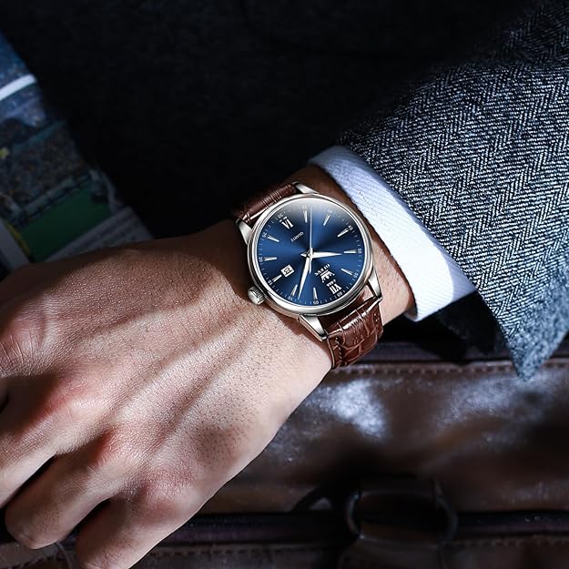 OLEVS Men Leather Watch, Elegant Big Face 41mm - Brown / Blue