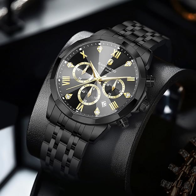 SAPPHERO Men's Watch Chronograph Diamond  Stainless Steel - BLACK