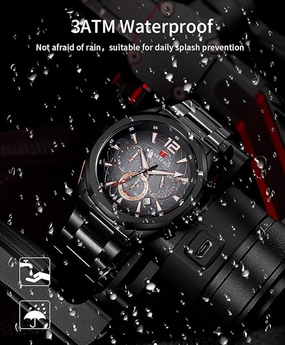 Watch for Men Stainless Steel Strap Waterproof Luminous Chronograph 46mm - BLACK