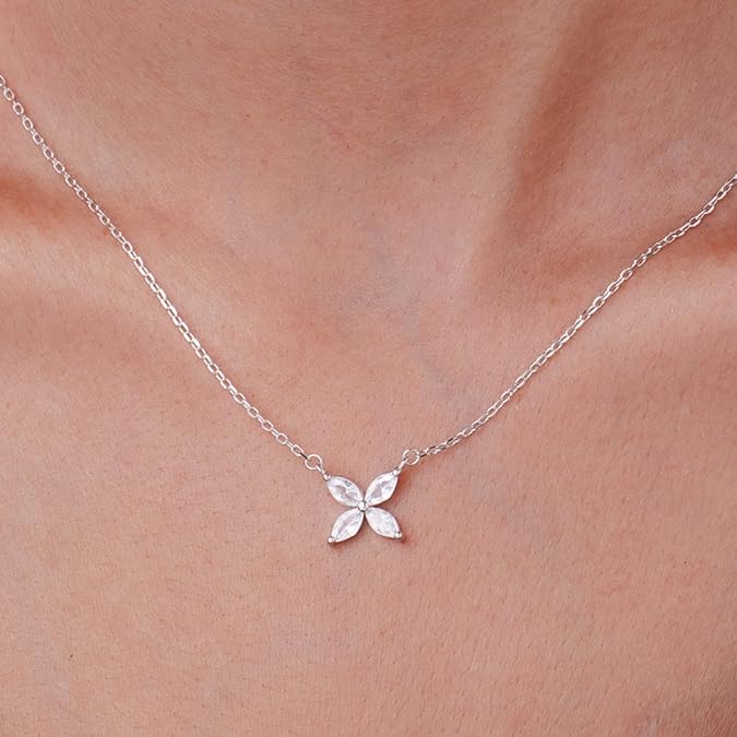 Necklaces for Women 18K Gold Plated - Jewelry 4 Zircon Cluster Flower-Shaped - SILVER