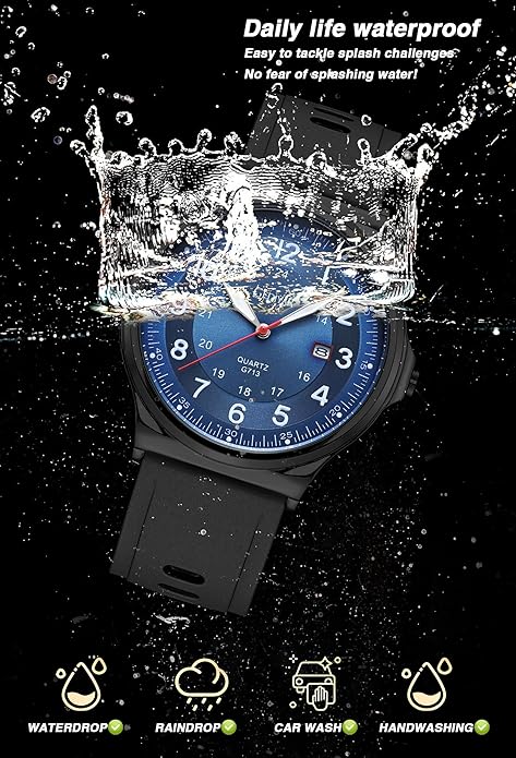 Watch Water resistant, Analog, Rubber Silicone Band (Black/Blue)