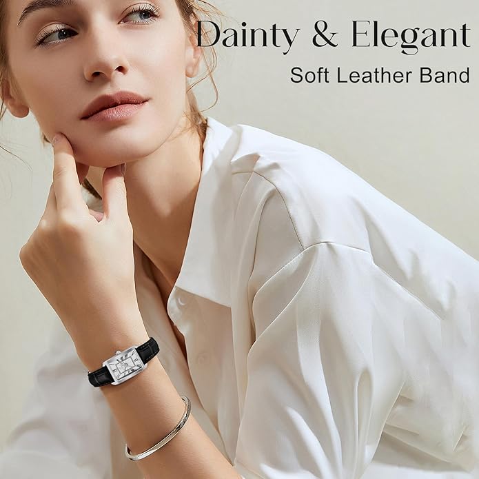 Watch Leather Strap Dainty Elegant - Silver Black