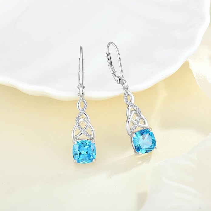 Earrings 925 Sterling Silver, Infinity Celtic Knot Dangle Drop- Birthstone March Aquamarine